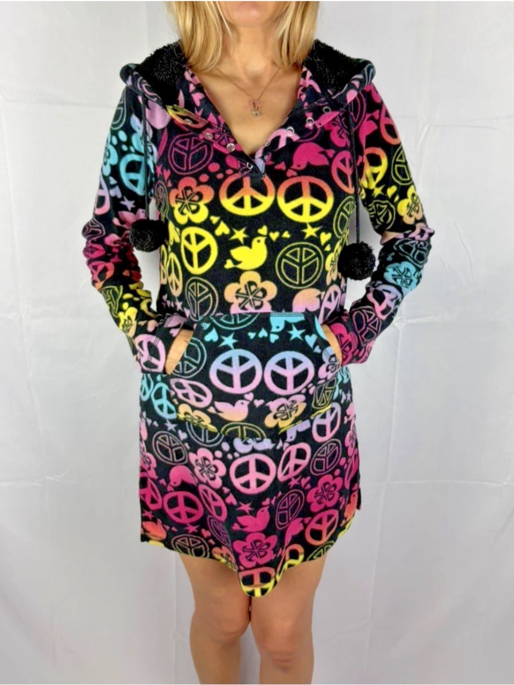 Y2K vibrant psychedelic peace bird print soft Sherpa warm hoodie dress XS Mumu